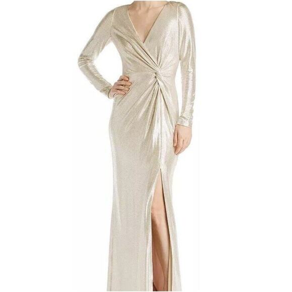 Eliza J Formal Dress Full Length Gown Twist Metallic Silver Sparkly Size 8 - Picture 1 of 13